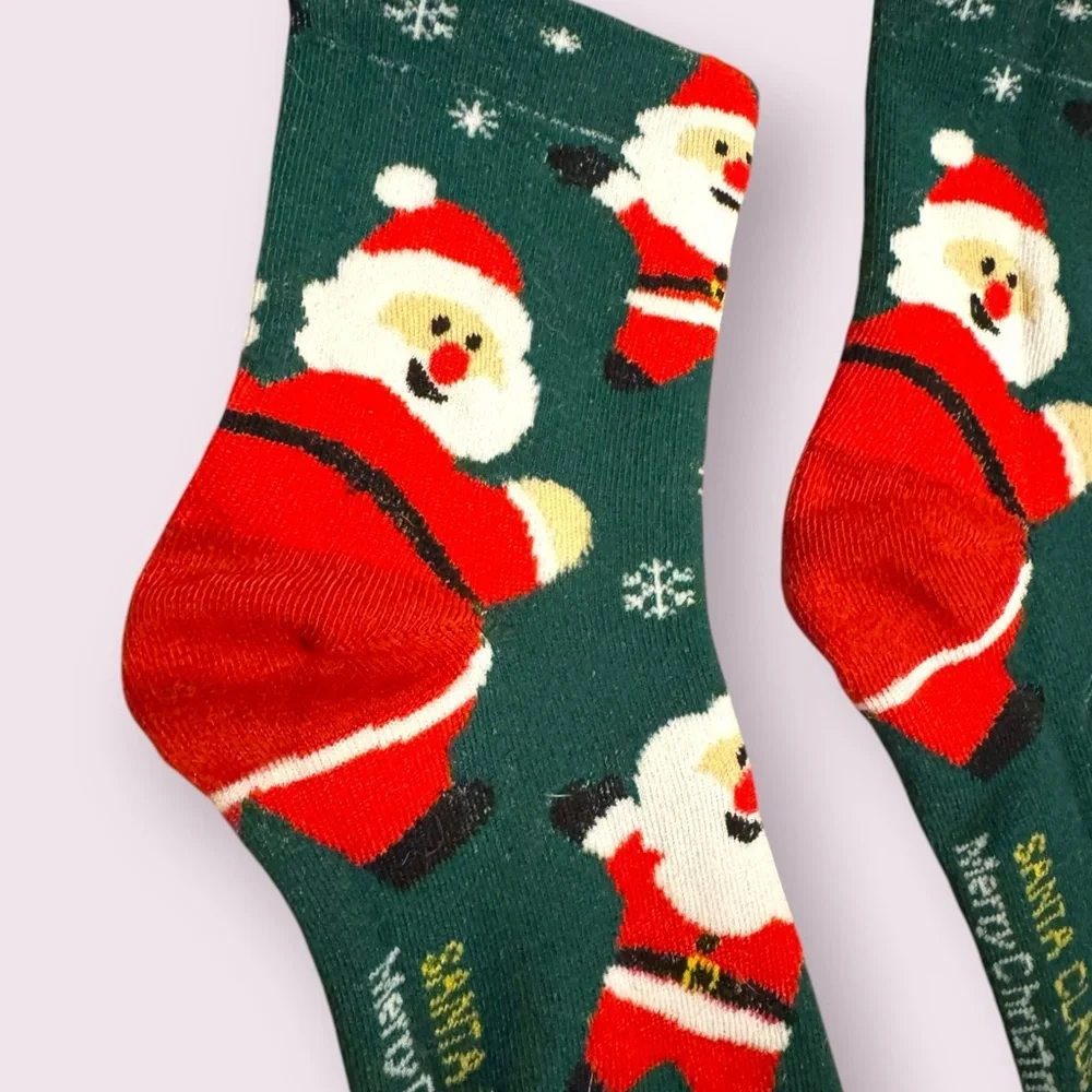 Christmas Santa Print Crew Socks Green Holiday Crew Socks Size OS